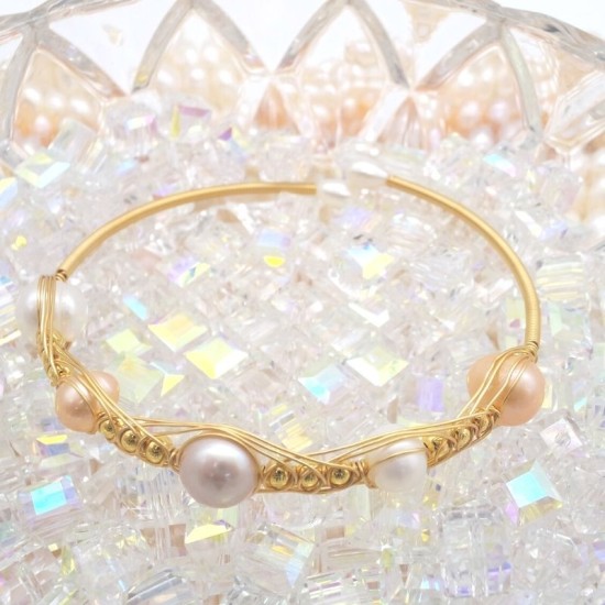 K Gold Covered Wire Natural Freshwater Baroque Pearl Open Bracelet