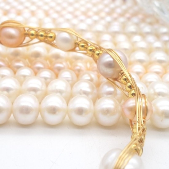 K Gold Covered Wire Natural Freshwater Baroque Pearl Open Bracelet