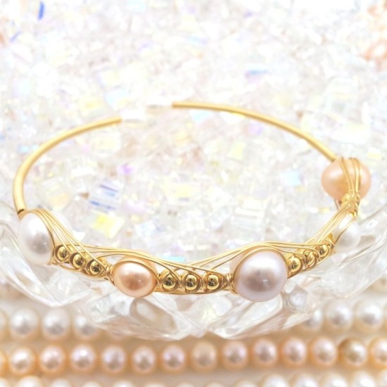 K Gold Covered Wire Natural Freshwater Baroque Pearl Open Bracelet