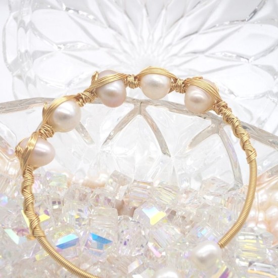 K Gold Covered Wire Natural Freshwater Baroque Pearl Open Bracelet