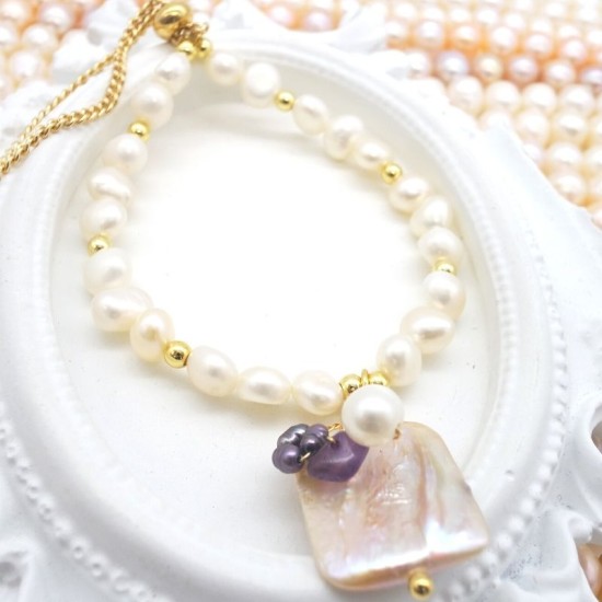 K Gold Wrapped Amethyst Natural Baroque Freshwater Pink Pearl Aquarium Design Pendant White Baroque Freshwater Pearl Adjustable Bracelet