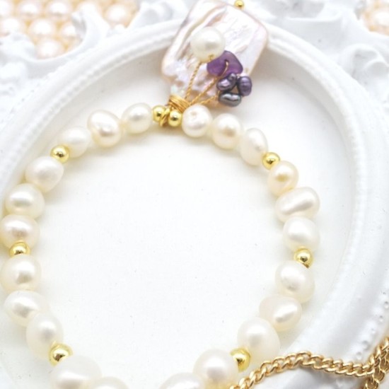 K Gold Wrapped Amethyst Natural Baroque Freshwater Pink Pearl Aquarium Design Pendant White Baroque Freshwater Pearl Adjustable Bracelet