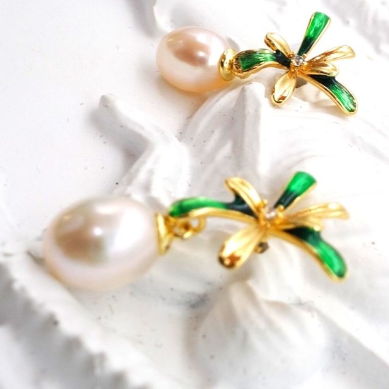 Enamel Craft Coconut Oval Pearl Stud Earrings