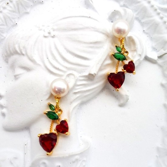 Colorful Zirconium Cherry Flat Pearl Stud Earrings