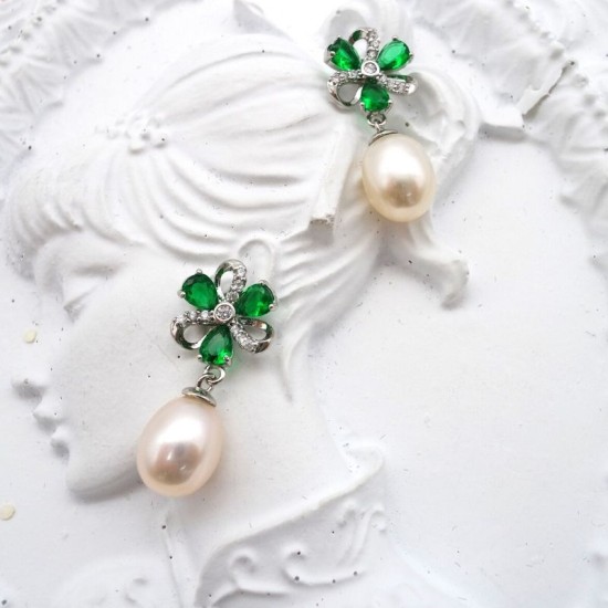 Green Zircon Flower Oval Pearl Stud Earrings