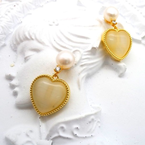 Heart White Opal Pendant Flat Pearl Stud Earrings