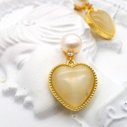 Heart White Opal Pendant Flat Pearl Stud Earrings