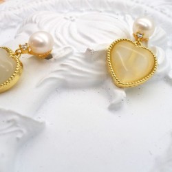 Heart White Opal Pendant Flat Pearl Stud Earrings