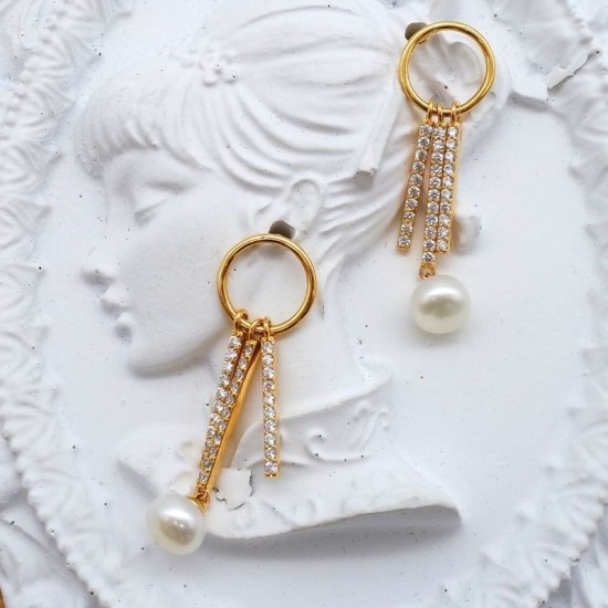 Gold Ring Tassel Diamond Flat Pearl Stud Earrings