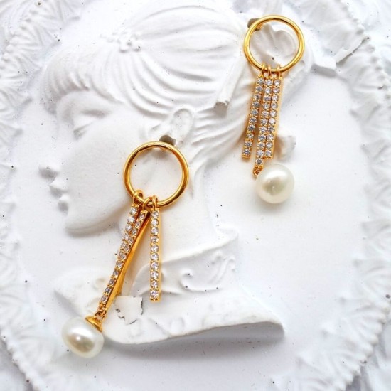 Gold Ring Tassel Diamond Flat Pearl Stud Earrings