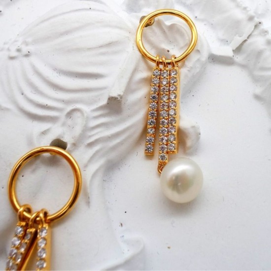 Gold Ring Tassel Diamond Flat Pearl Stud Earrings