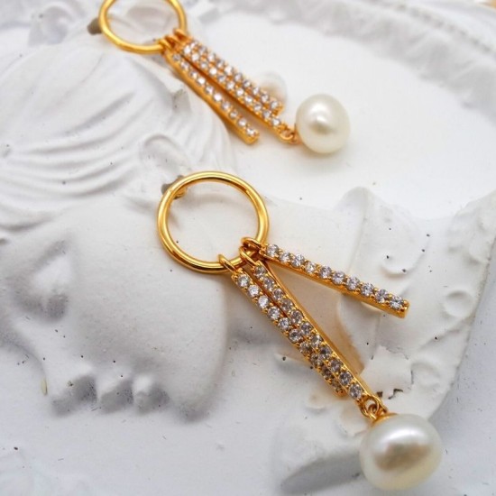 Gold Ring Tassel Diamond Flat Pearl Stud Earrings