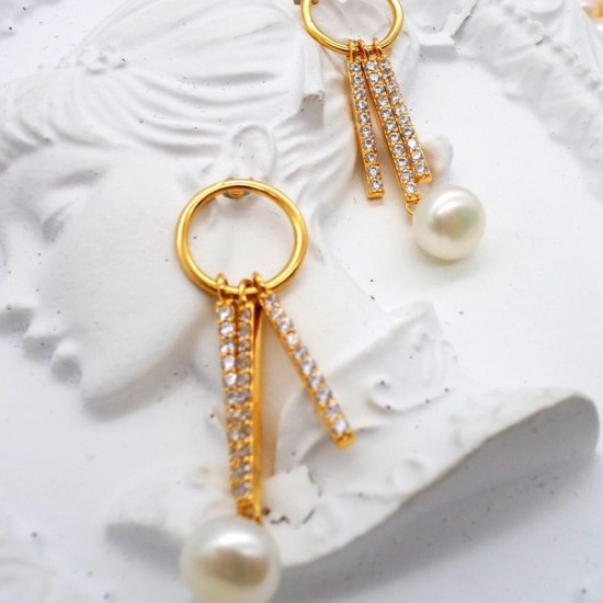 Gold Ring Tassel Diamond Flat Pearl Stud Earrings