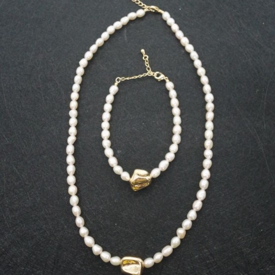 Gold Grain High Quality Beige Pearl Bracelet Necklace Set