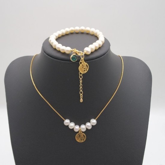 Guofeng Fu word green zirconium natural baroque pearl bracelet adjustable necklace two-piece series