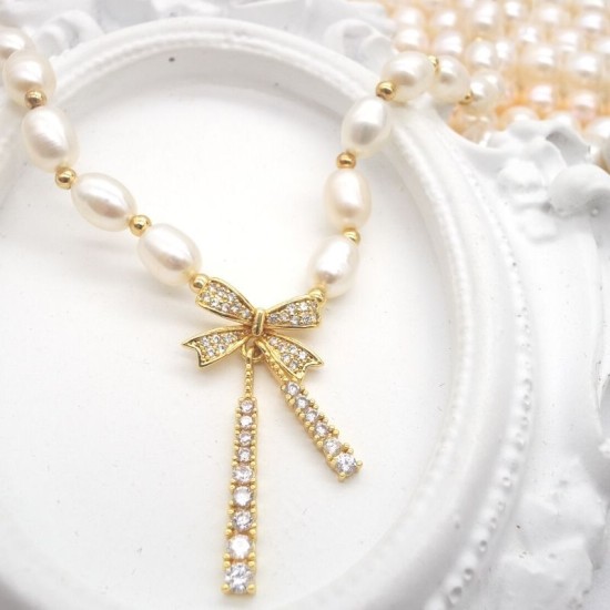 Luxurious full-set rhinestone bow natural freshwater pearl earrings necklace two-piece series