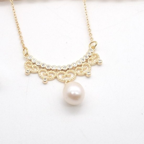 Lace Gold Plated Set Zirconium Freshwater Oval Pearl Pendant Necklace