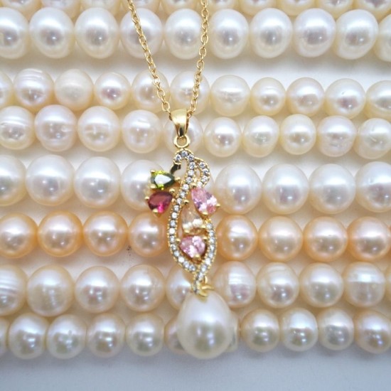 Flower Type Gold Plated Micro-Set Color Zirconium Natural Freshwater Oval Pearl Necklace