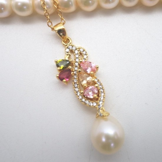 Flower Type Gold Plated Micro-Set Color Zirconium Natural Freshwater Oval Pearl Necklace