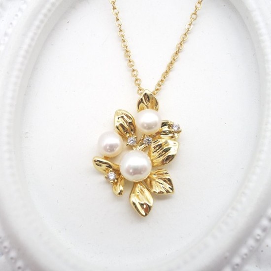 Copper Gold Plated Leaf Set Zirconium Natural Flat Pearl Pendant Necklace