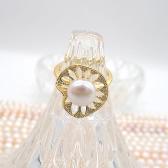 Light Luxury Hollow Lotus Leaf Natural Flat Freshwater Pearl Ring