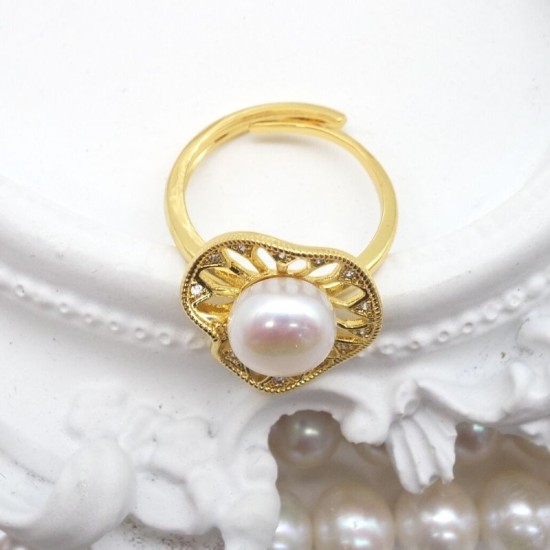 Light Luxury Hollow Lotus Leaf Natural Flat Freshwater Pearl Ring