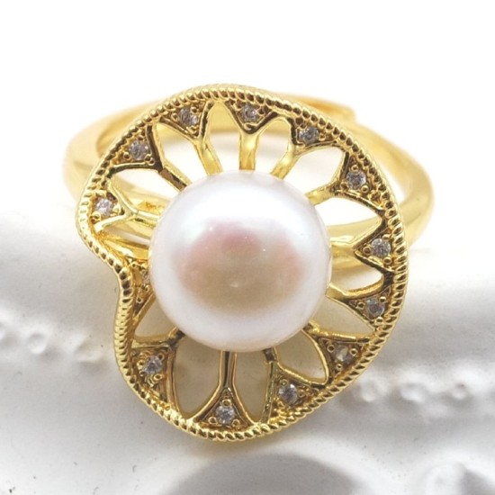 Light Luxury Hollow Lotus Leaf Natural Flat Freshwater Pearl Ring